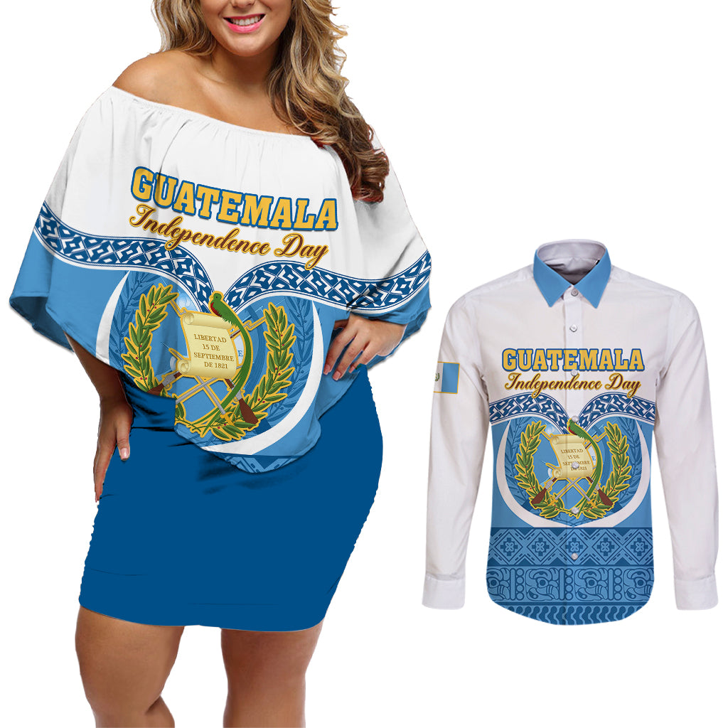 Guatemala Independence Day Couples Matching Off Shoulder Short Dress and Long Sleeve Button Shirts Guatemalan Coat of Arms Mix Maya Pattern - Wonder Print Shop