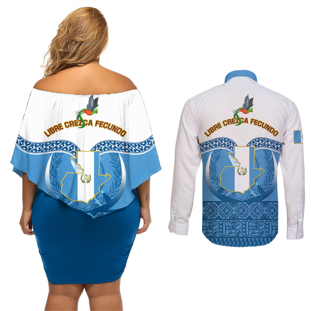Guatemala Independence Day Couples Matching Off Shoulder Short Dress and Long Sleeve Button Shirts Guatemalan Coat of Arms Mix Maya Pattern - Wonder Print Shop