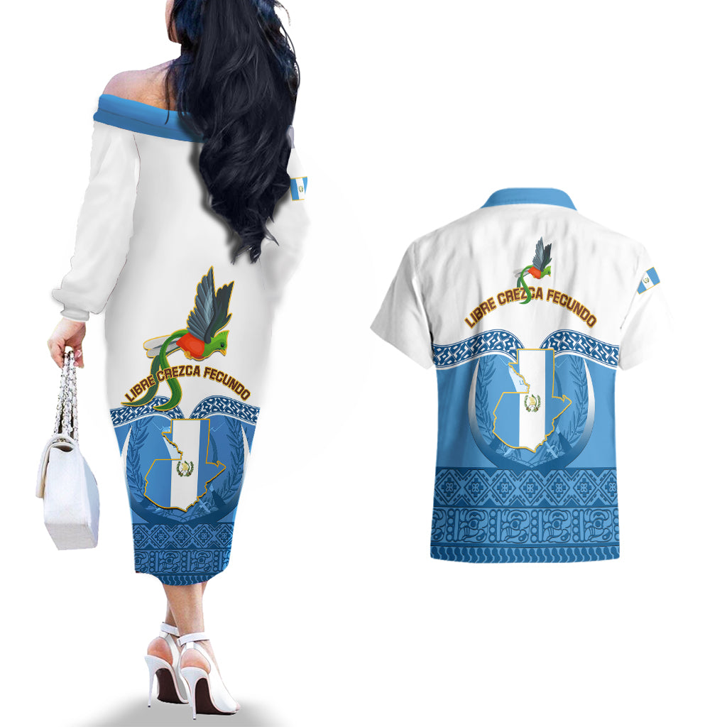 Guatemala Independence Day Couples Matching Off The Shoulder Long Sleeve Dress and Hawaiian Shirt Guatemalan Coat of Arms Mix Maya Pattern - Wonder Print Shop