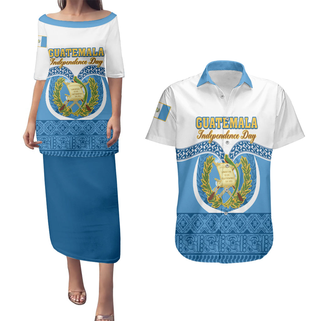 Guatemala Independence Day Couples Matching Puletasi Dress and Hawaiian Shirt Guatemalan Coat of Arms Mix Maya Pattern - Wonder Print Shop