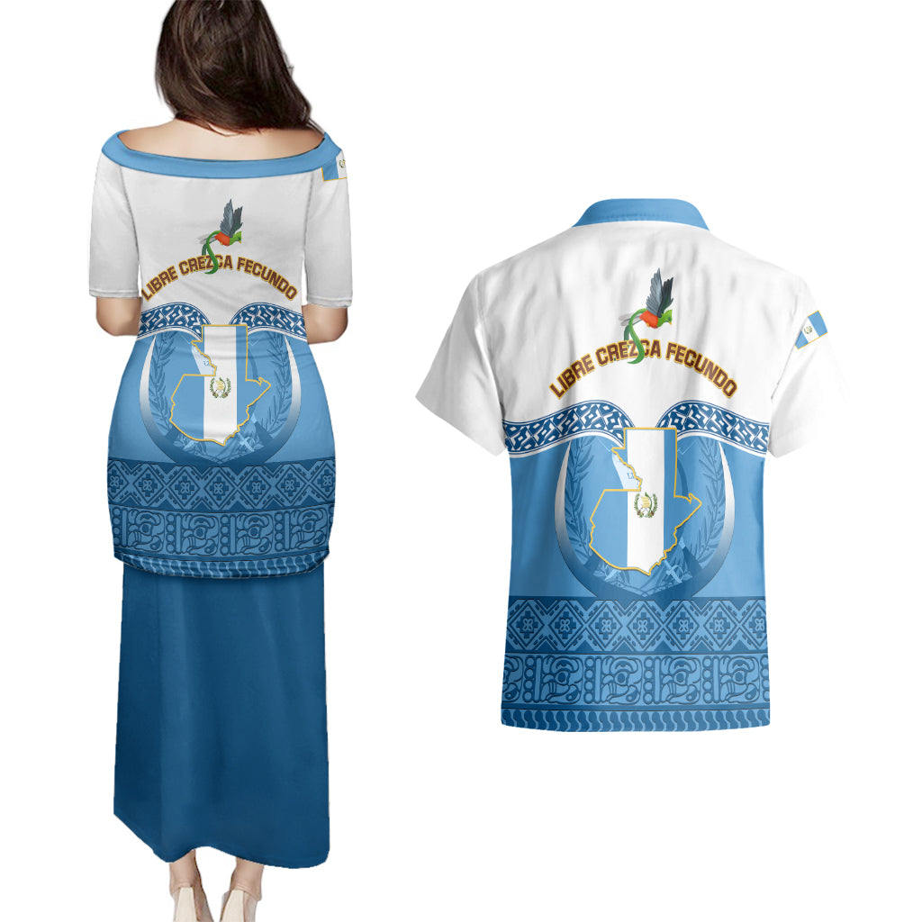 Guatemala Independence Day Couples Matching Puletasi Dress and Hawaiian Shirt Guatemalan Coat of Arms Mix Maya Pattern - Wonder Print Shop