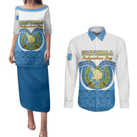 Guatemala Independence Day Couples Matching Puletasi Dress and Long Sleeve Button Shirts Guatemalan Coat of Arms Mix Maya Pattern - Wonder Print Shop