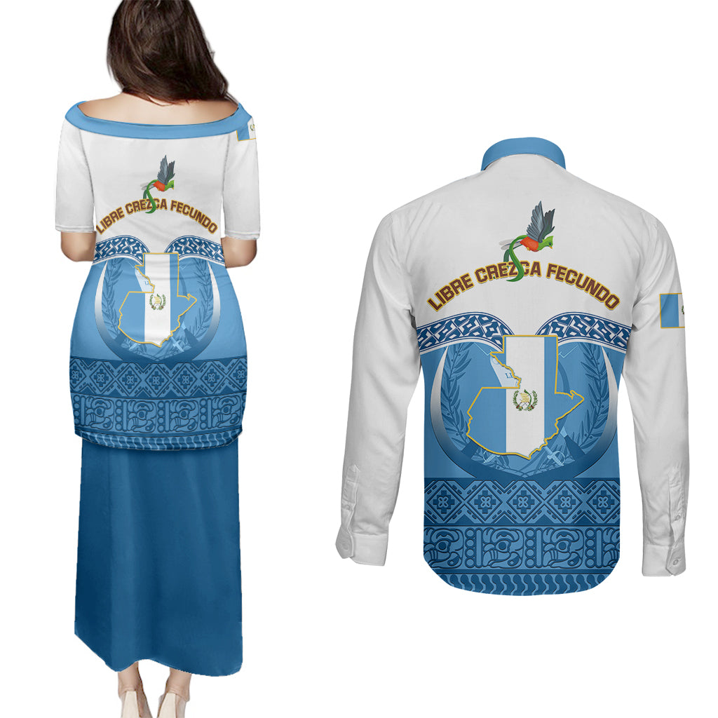 Guatemala Independence Day Couples Matching Puletasi Dress and Long Sleeve Button Shirts Guatemalan Coat of Arms Mix Maya Pattern - Wonder Print Shop
