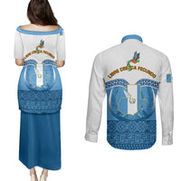 Guatemala Independence Day Couples Matching Puletasi Dress and Long Sleeve Button Shirts Guatemalan Coat of Arms Mix Maya Pattern - Wonder Print Shop