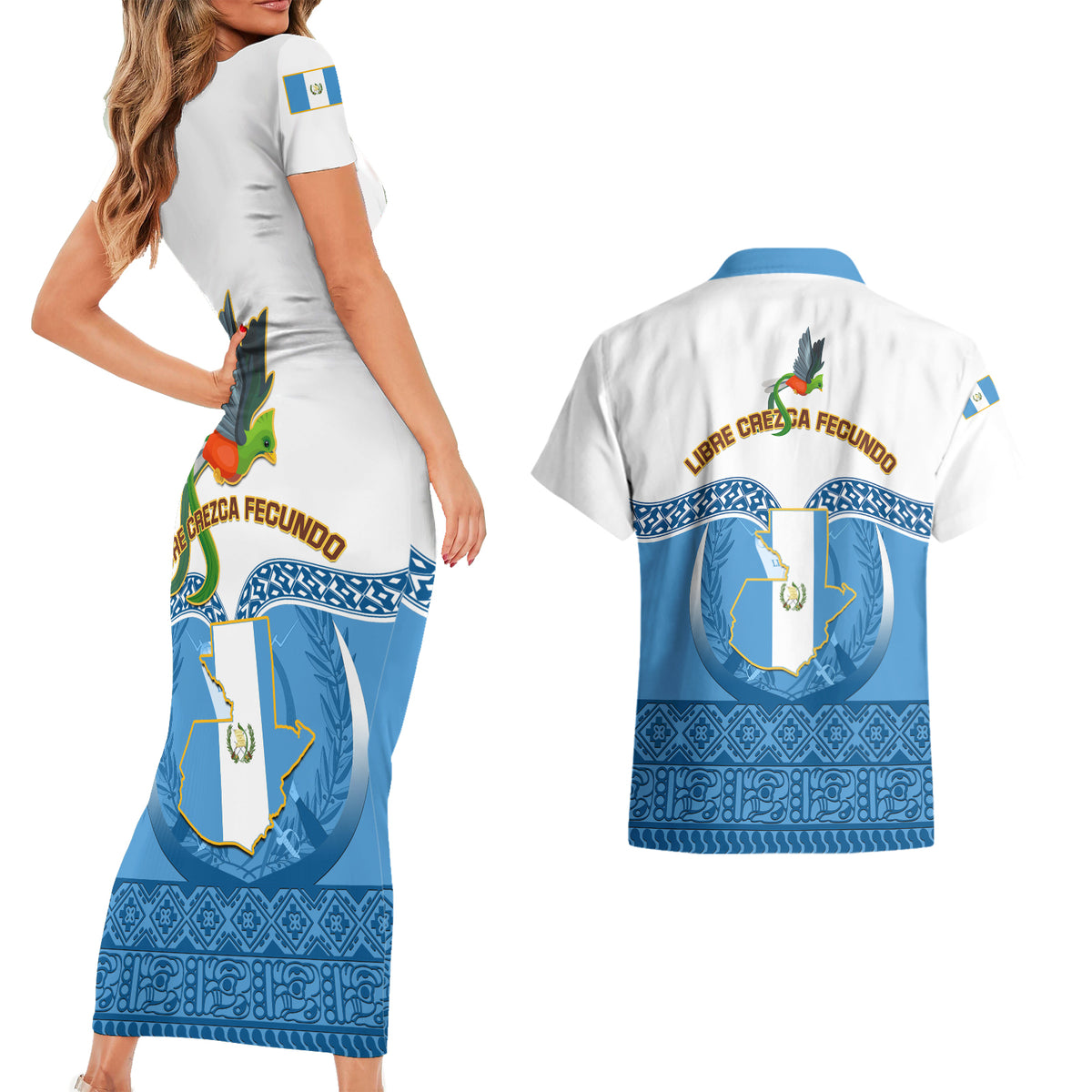 Guatemala Independence Day Couples Matching Short Sleeve Bodycon Dress and Hawaiian Shirt Guatemalan Coat of Arms Mix Maya Pattern - Wonder Print Shop