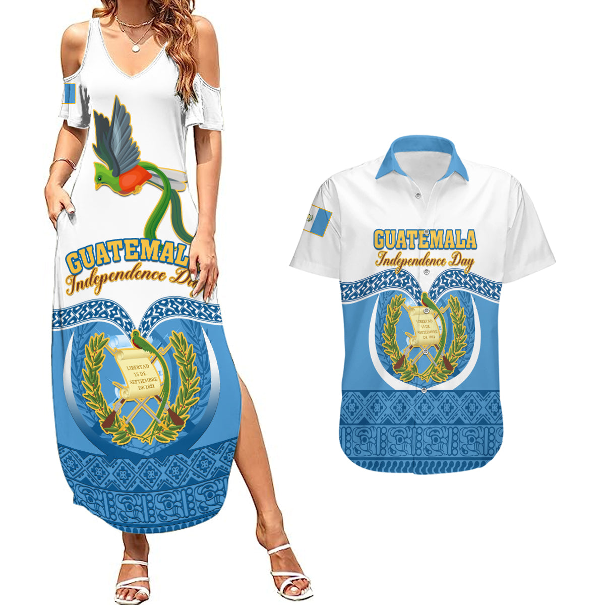 Guatemala Independence Day Couples Matching Summer Maxi Dress and Hawaiian Shirt Guatemalan Coat of Arms Mix Maya Pattern - Wonder Print Shop