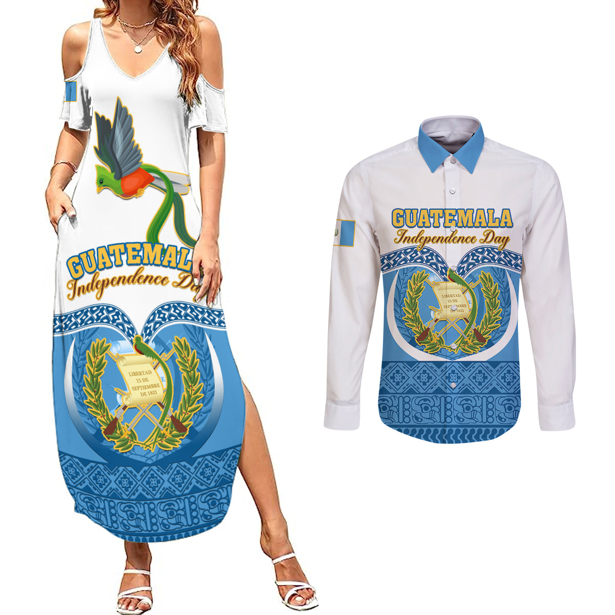 Guatemala Independence Day Couples Matching Summer Maxi Dress and Long Sleeve Button Shirts Guatemalan Coat of Arms Mix Maya Pattern - Wonder Print Shop