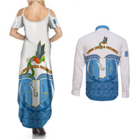 Guatemala Independence Day Couples Matching Summer Maxi Dress and Long Sleeve Button Shirts Guatemalan Coat of Arms Mix Maya Pattern - Wonder Print Shop