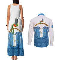 Guatemala Independence Day Couples Matching Tank Maxi Dress and Long Sleeve Button Shirts Guatemalan Coat of Arms Mix Maya Pattern - Wonder Print Shop