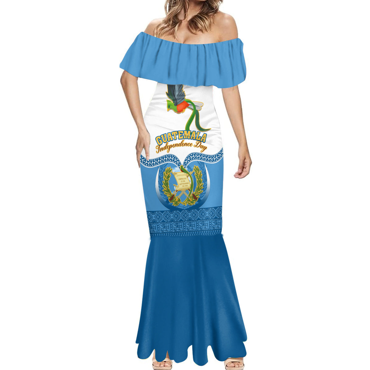 Guatemala Independence Day Mermaid Dress Guatemalan Coat of Arms Mix Maya Pattern - Wonder Print Shop