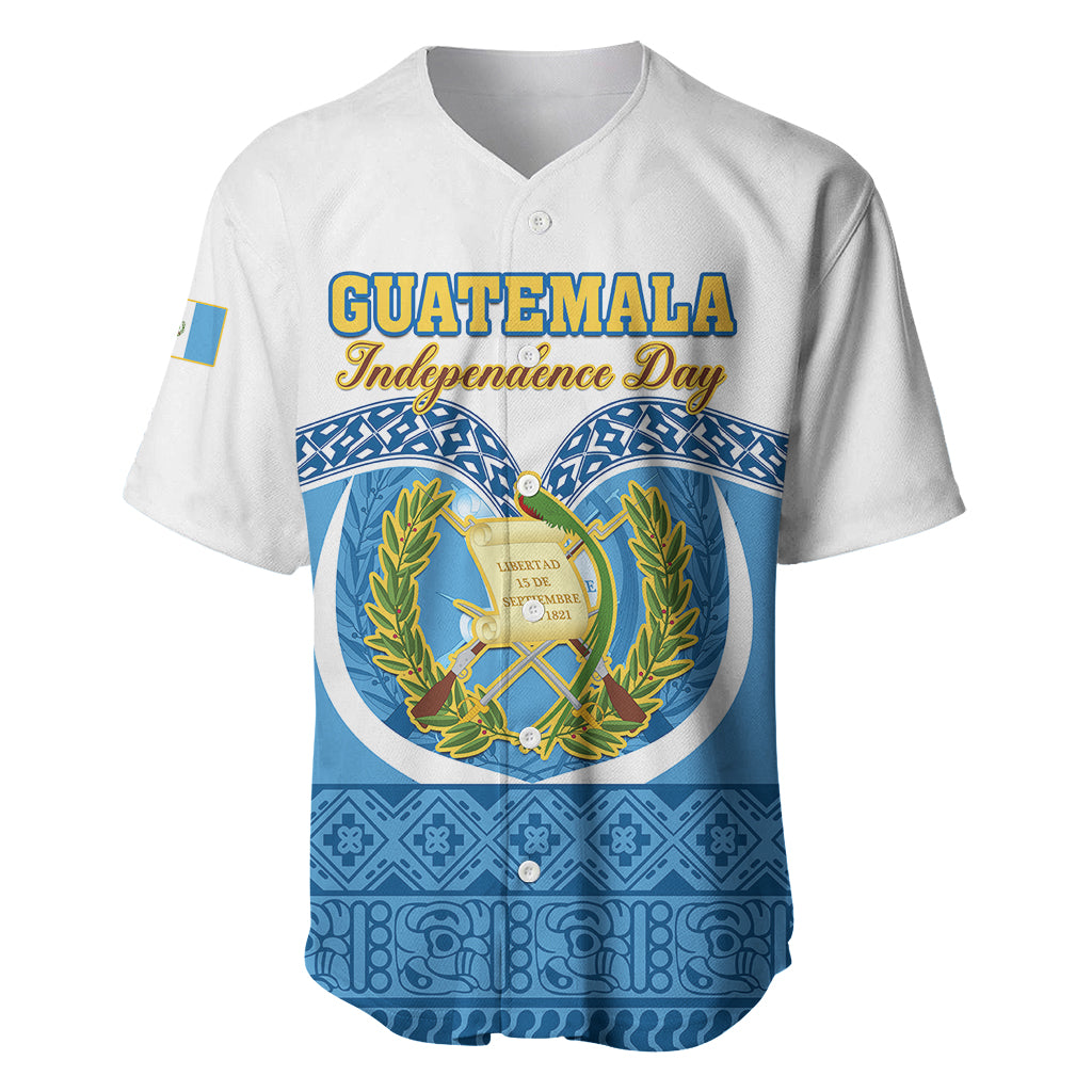 Personalised Guatemala Independence Day Baseball Jersey Guatemalan Coat of Arms Mix Maya Pattern - Wonder Print Shop