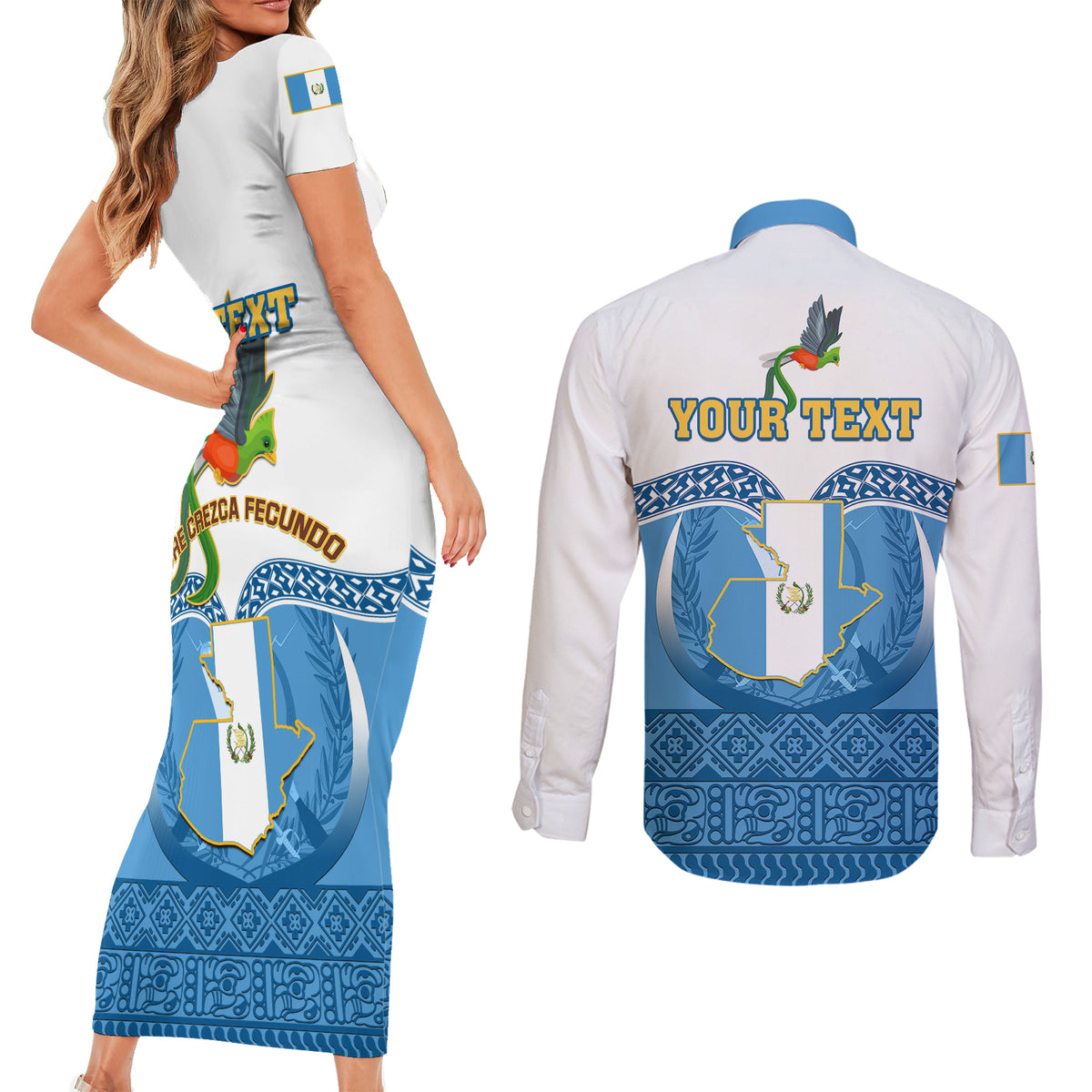 Personalised Guatemala Independence Day Couples Matching Short Sleeve Bodycon Dress and Long Sleeve Button Shirts Guatemalan Coat of Arms Mix Maya Pattern - Wonder Print Shop