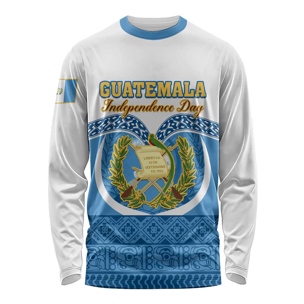 Personalised Guatemala Independence Day Long Sleeve Shirt Guatemalan Coat of Arms Mix Maya Pattern LT01