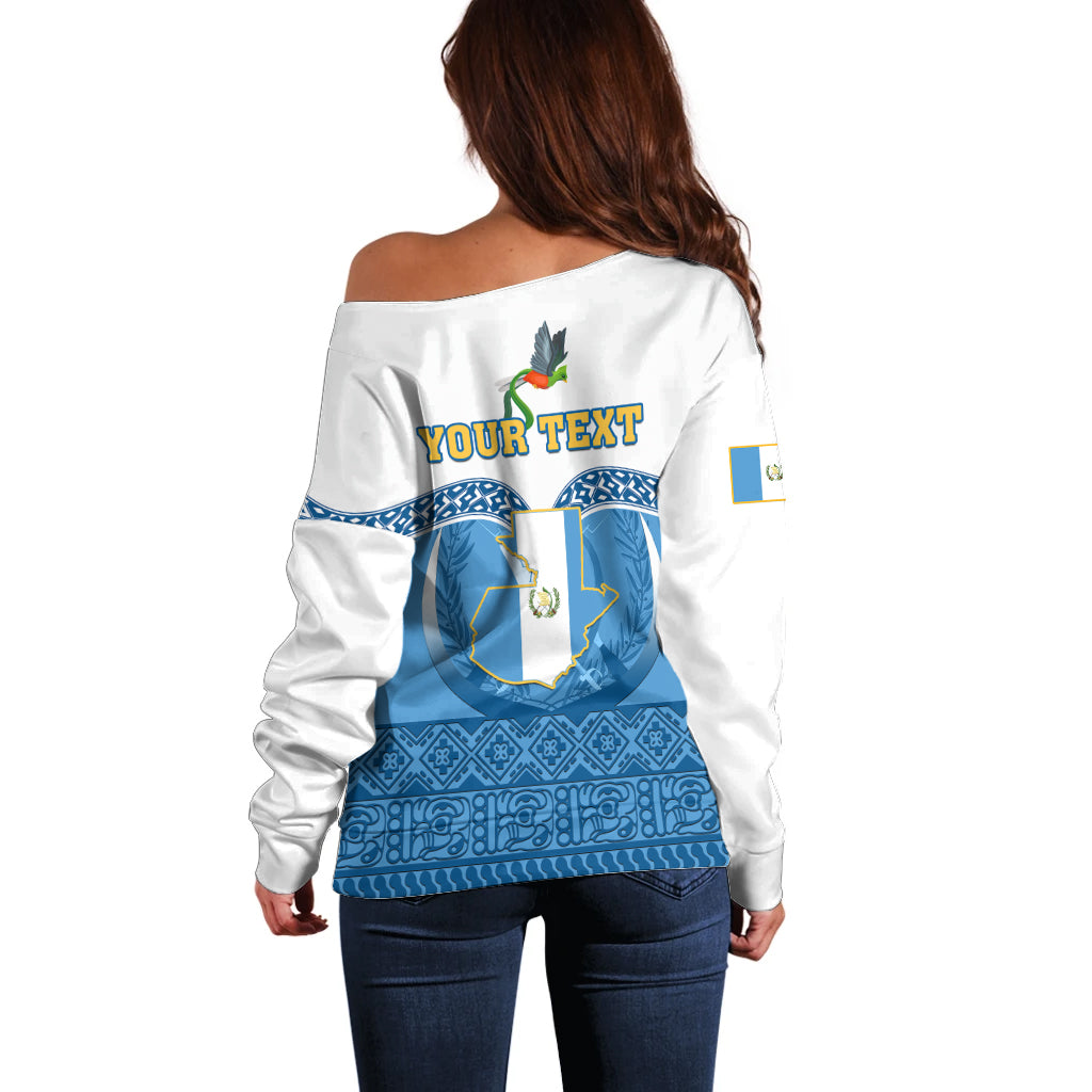 Personalised Guatemala Independence Day Off Shoulder Sweater Guatemalan Coat of Arms Mix Maya Pattern - Wonder Print Shop