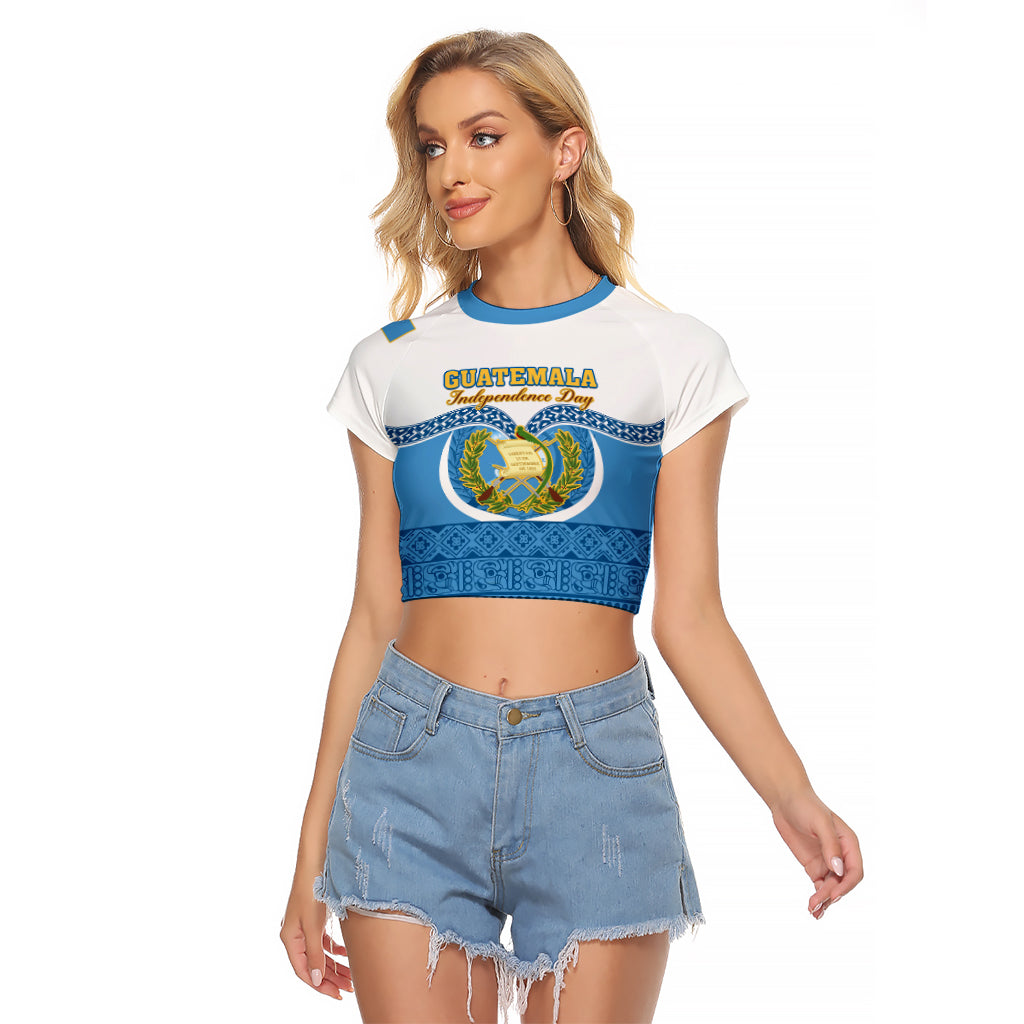 Personalised Guatemala Independence Day Raglan Cropped T Shirt Guatemalan Coat of Arms Mix Maya Pattern - Wonder Print Shop