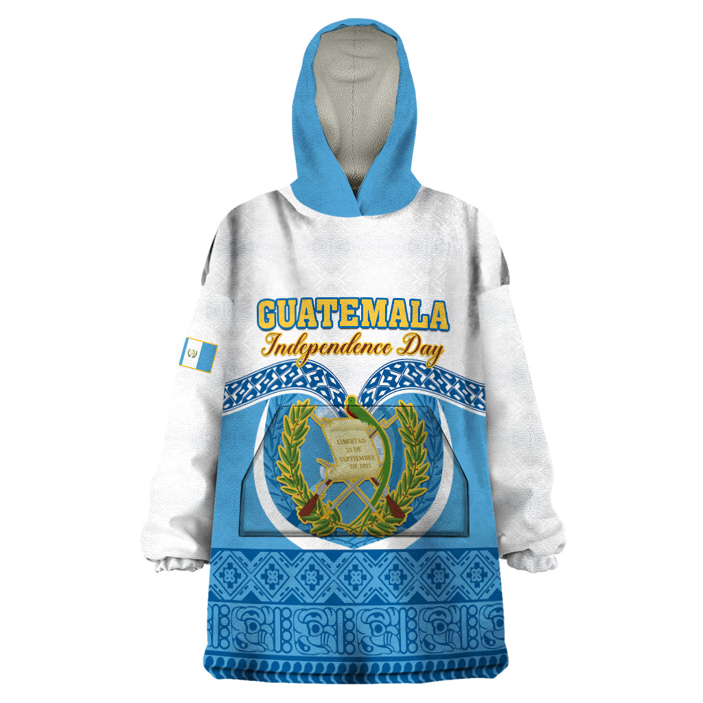 Personalised Guatemala Independence Day Wearable Blanket Hoodie Guatemalan Coat of Arms Mix Maya Pattern - Wonder Print Shop