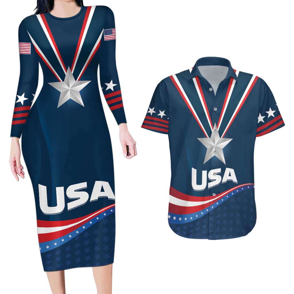 Custom USA Star Medal Couples Matching Long Sleeve Bodycon Dress and Hawaiian Shirt United States of America Champion - Wonder Print Shop