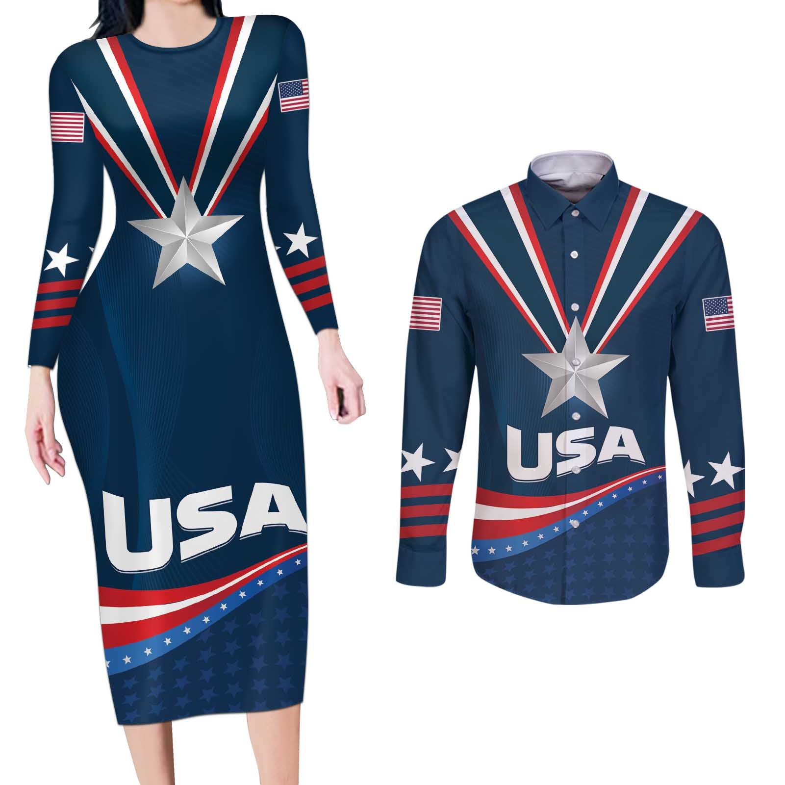 Custom USA Star Medal Couples Matching Long Sleeve Bodycon Dress and Long Sleeve Button Shirt United States of America Champion - Wonder Print Shop