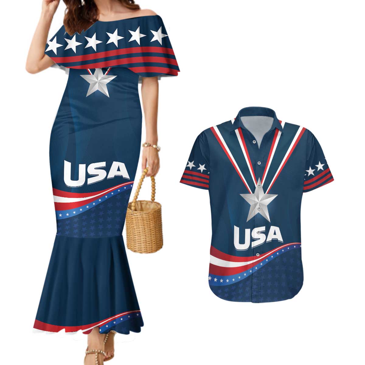 Custom USA Star Medal Couples Matching Mermaid Dress and Hawaiian Shirt United States of America Champion - Wonder Print Shop