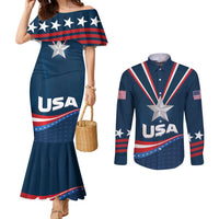 Custom USA Silver Star Medal Couples Matching Mermaid Dress and Long Sleeve Button Shirt Team USA Champion