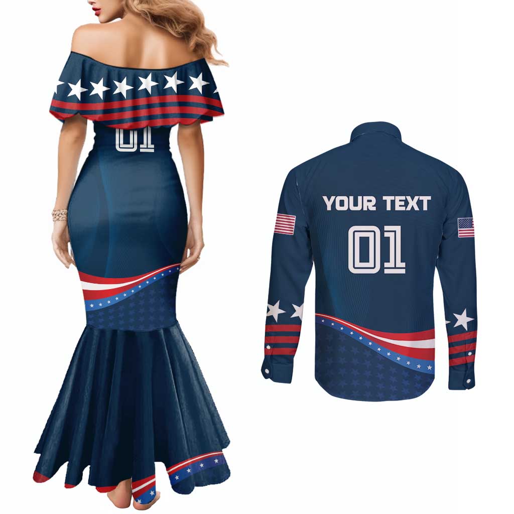 Custom USA Silver Star Medal Couples Matching Mermaid Dress and Long Sleeve Button Shirt Team USA Champion