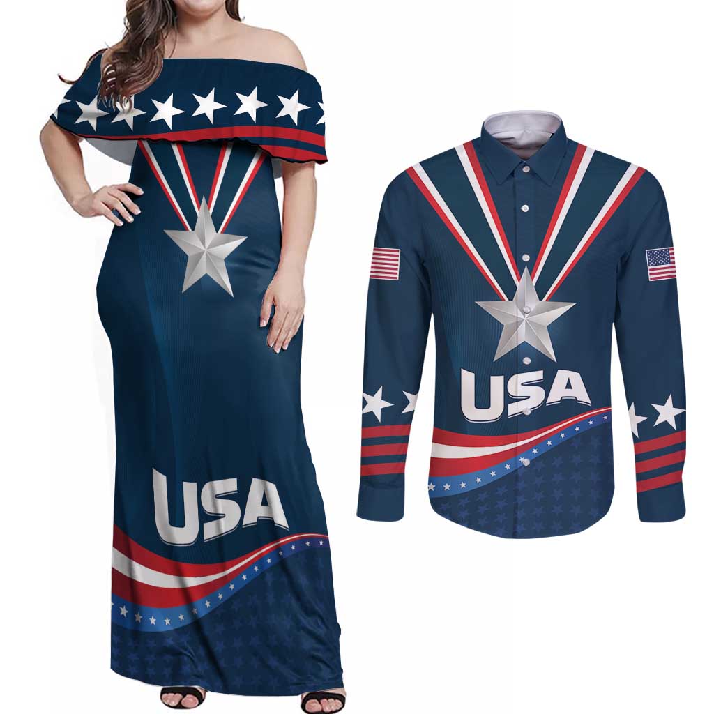 Custom USA Star Medal Couples Matching Off Shoulder Maxi Dress and Long Sleeve Button Shirt United States of America Champion - Wonder Print Shop