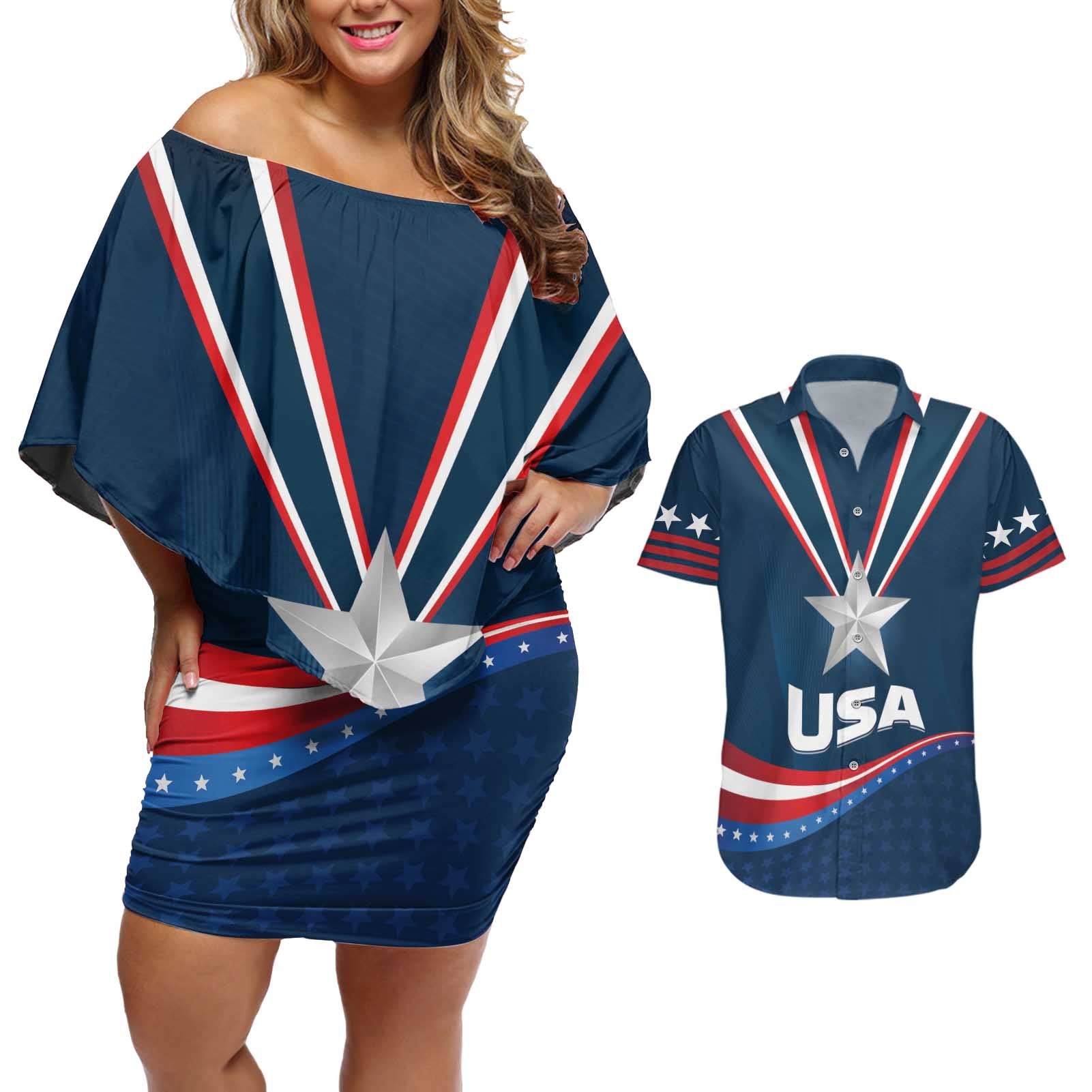 Custom USA Star Medal Couples Matching Off Shoulder Short Dress and Hawaiian Shirt United States of America Champion - Wonder Print Shop