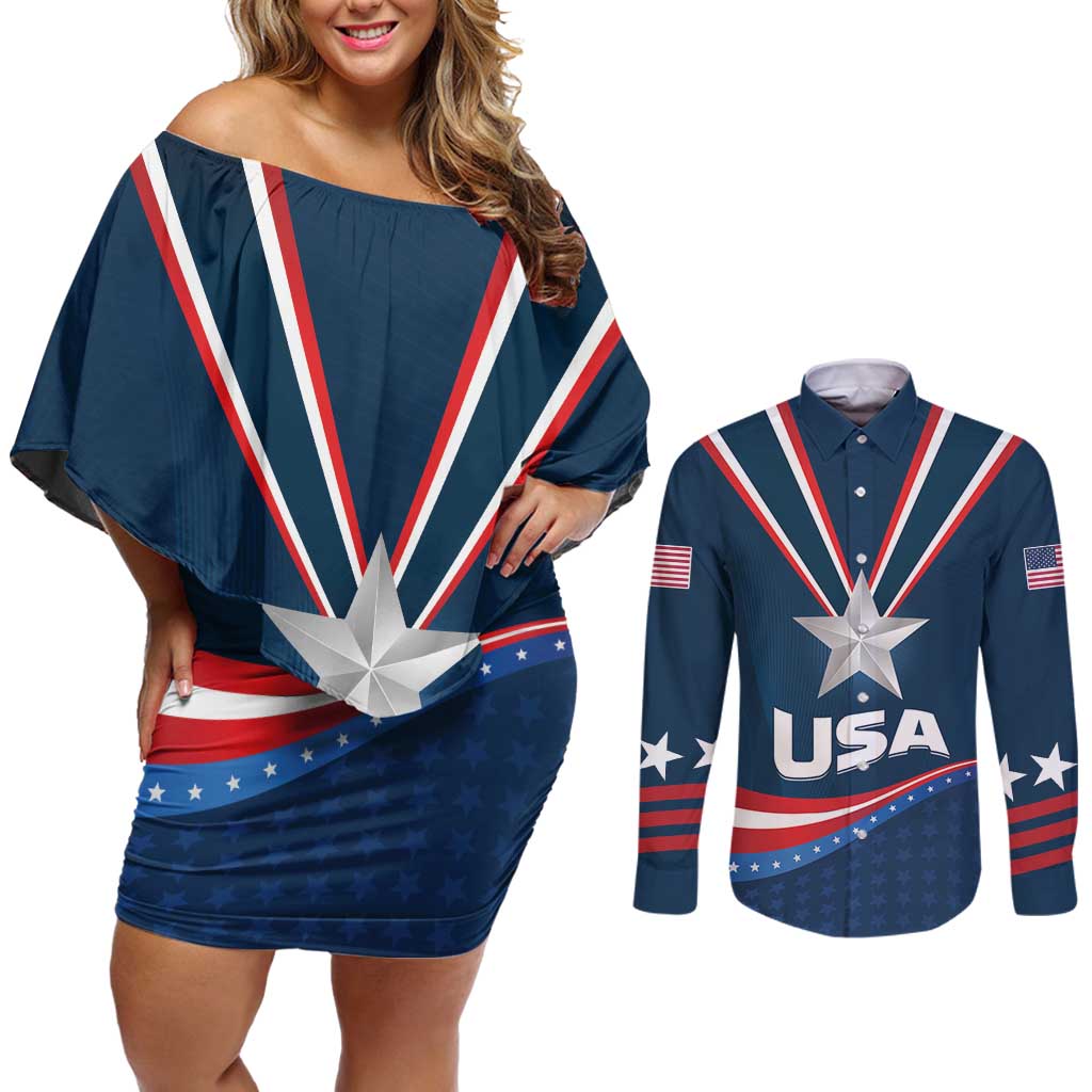 Custom USA Star Medal Couples Matching Off Shoulder Short Dress and Long Sleeve Button Shirt United States of America Champion - Wonder Print Shop