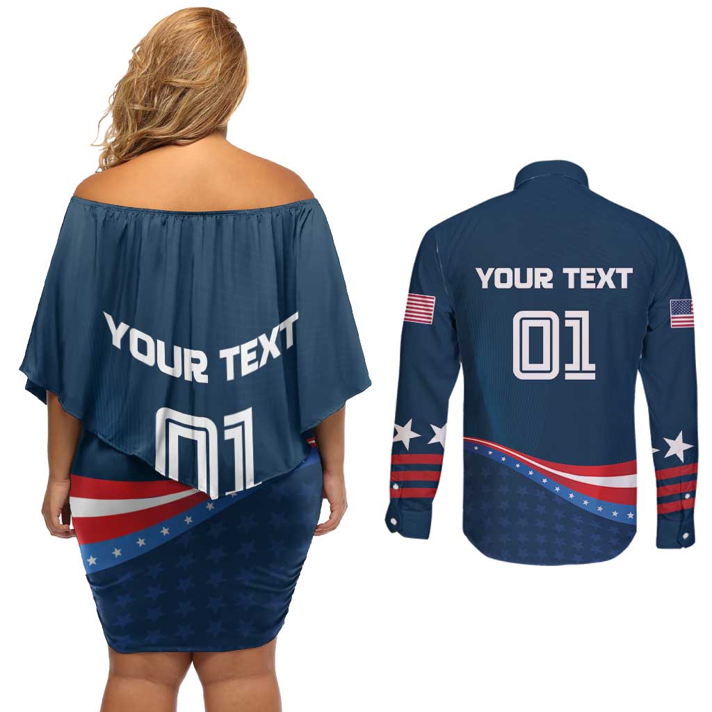 Custom USA Star Medal Couples Matching Off Shoulder Short Dress and Long Sleeve Button Shirt United States of America Champion - Wonder Print Shop
