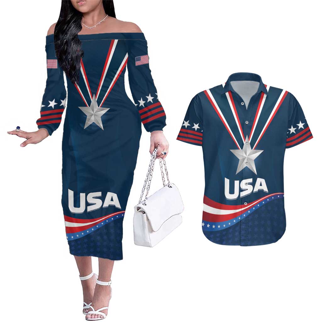 Custom USA Star Medal Couples Matching Off The Shoulder Long Sleeve Dress and Hawaiian Shirt United States of America Champion - Wonder Print Shop