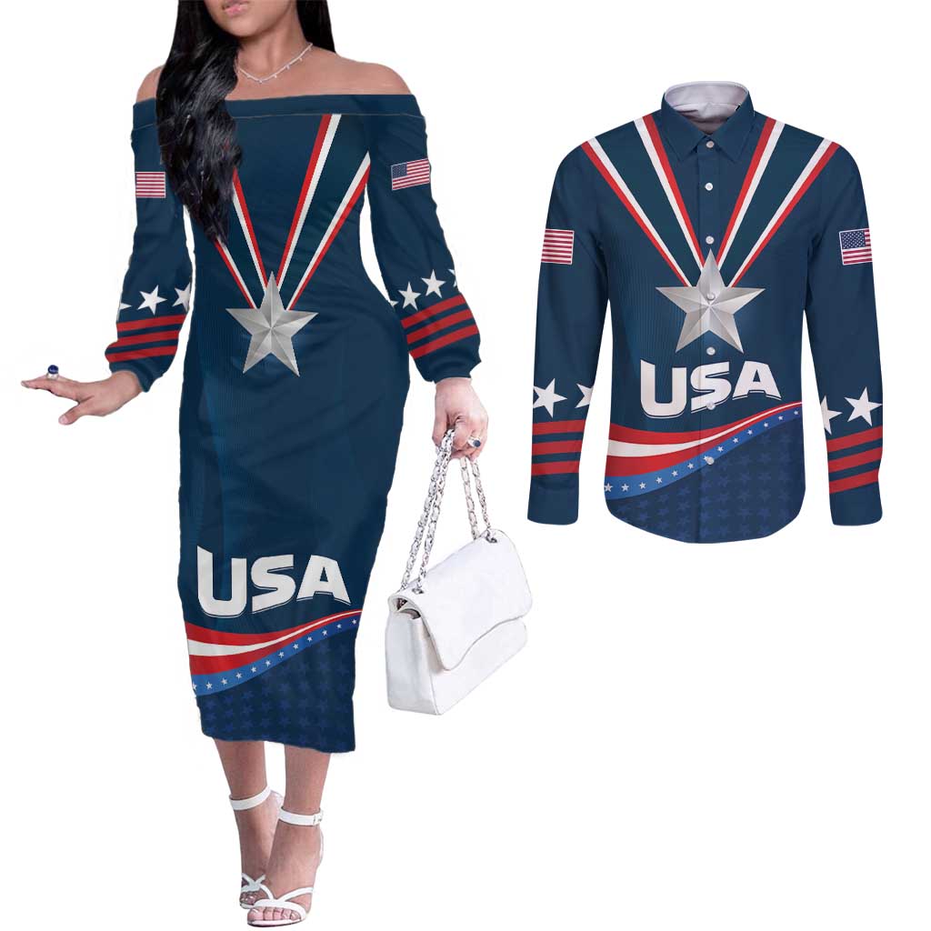 Custom USA Silver Star Medal Couples Matching Off The Shoulder Long Sleeve Dress and Long Sleeve Button Shirt Team USA Champion