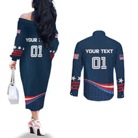 Custom USA Silver Star Medal Couples Matching Off The Shoulder Long Sleeve Dress and Long Sleeve Button Shirt Team USA Champion