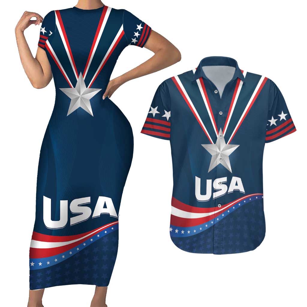 Custom USA Star Medal Couples Matching Short Sleeve Bodycon Dress and Hawaiian Shirt United States of America Champion - Wonder Print Shop