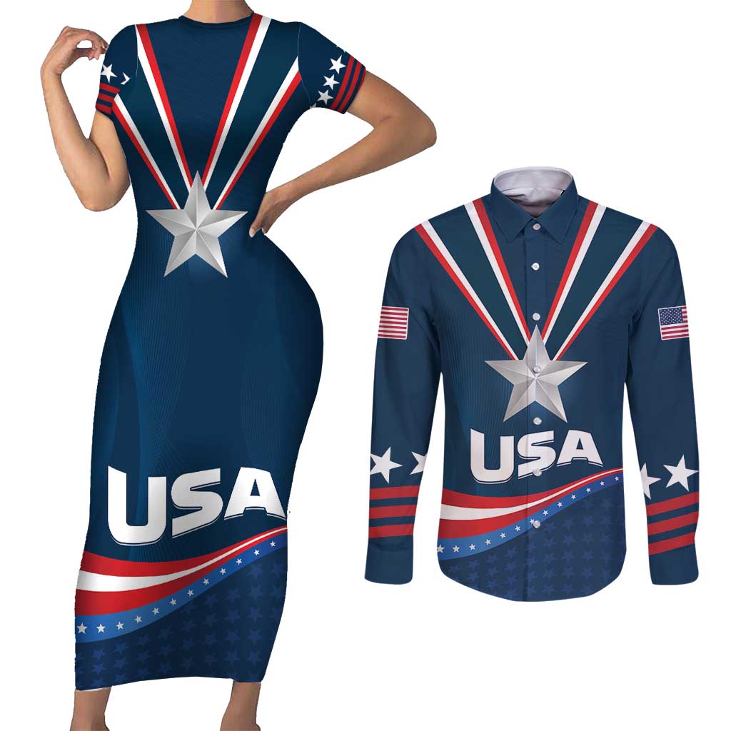 Custom USA Star Medal Couples Matching Short Sleeve Bodycon Dress and Long Sleeve Button Shirt United States of America Champion - Wonder Print Shop
