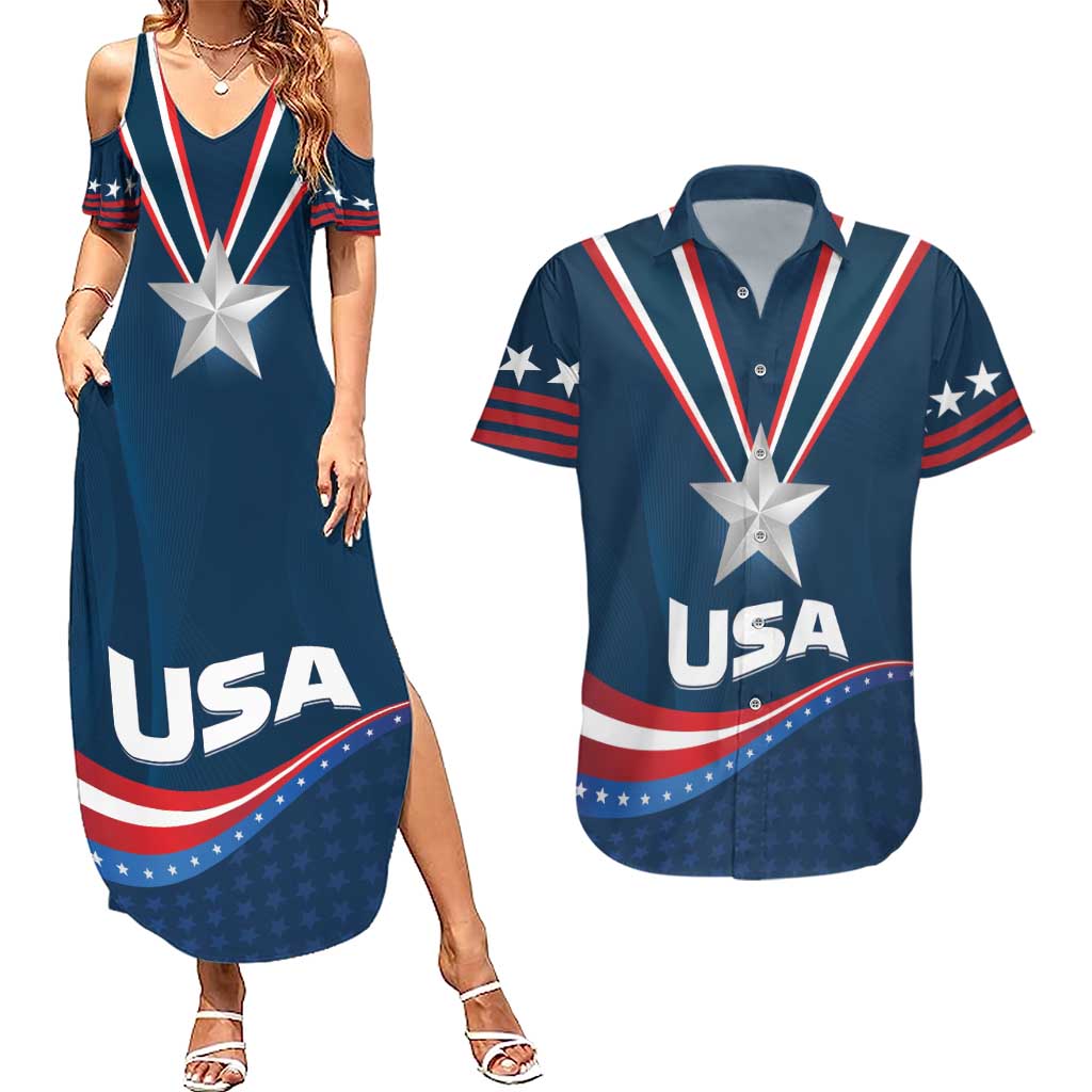 Custom USA Star Medal Couples Matching Summer Maxi Dress and Hawaiian Shirt United States of America Champion - Wonder Print Shop