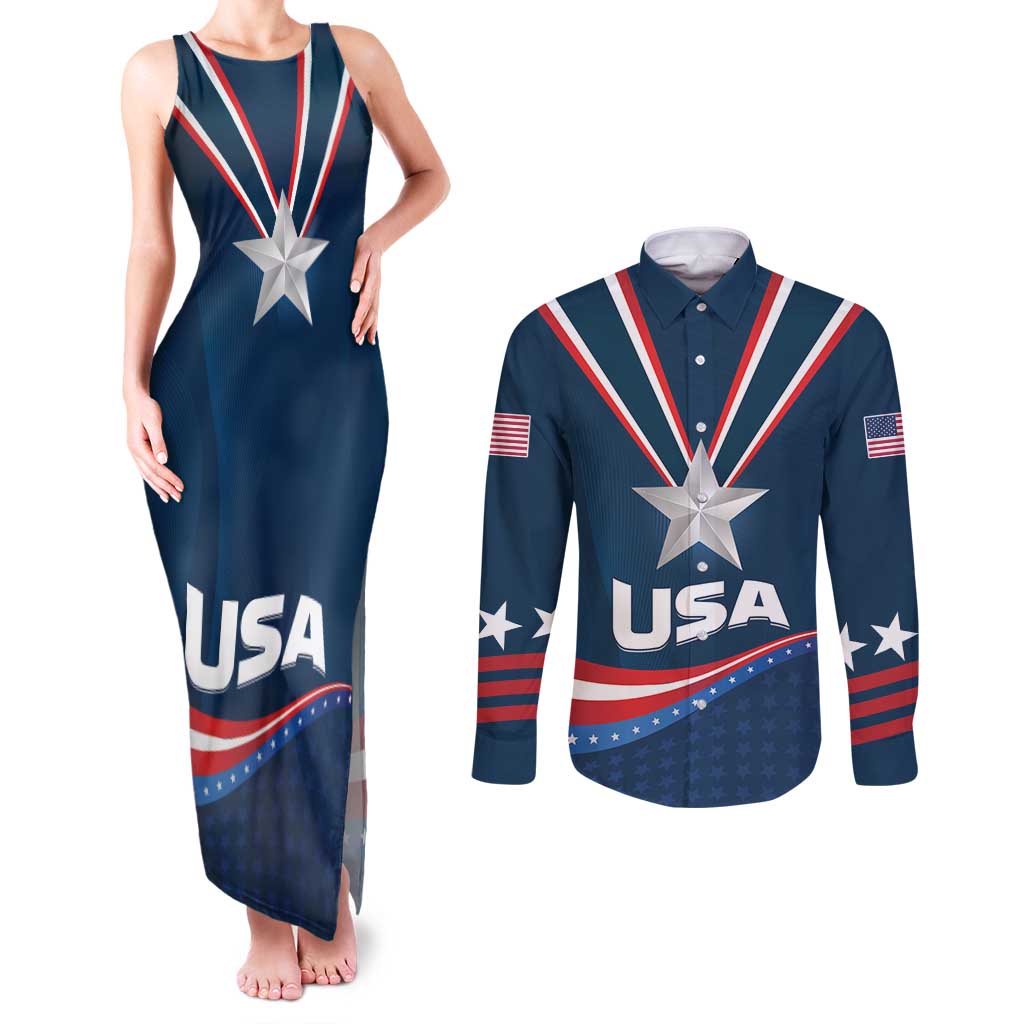 Custom USA Star Medal Couples Matching Tank Maxi Dress and Long Sleeve Button Shirt United States of America Champion - Wonder Print Shop