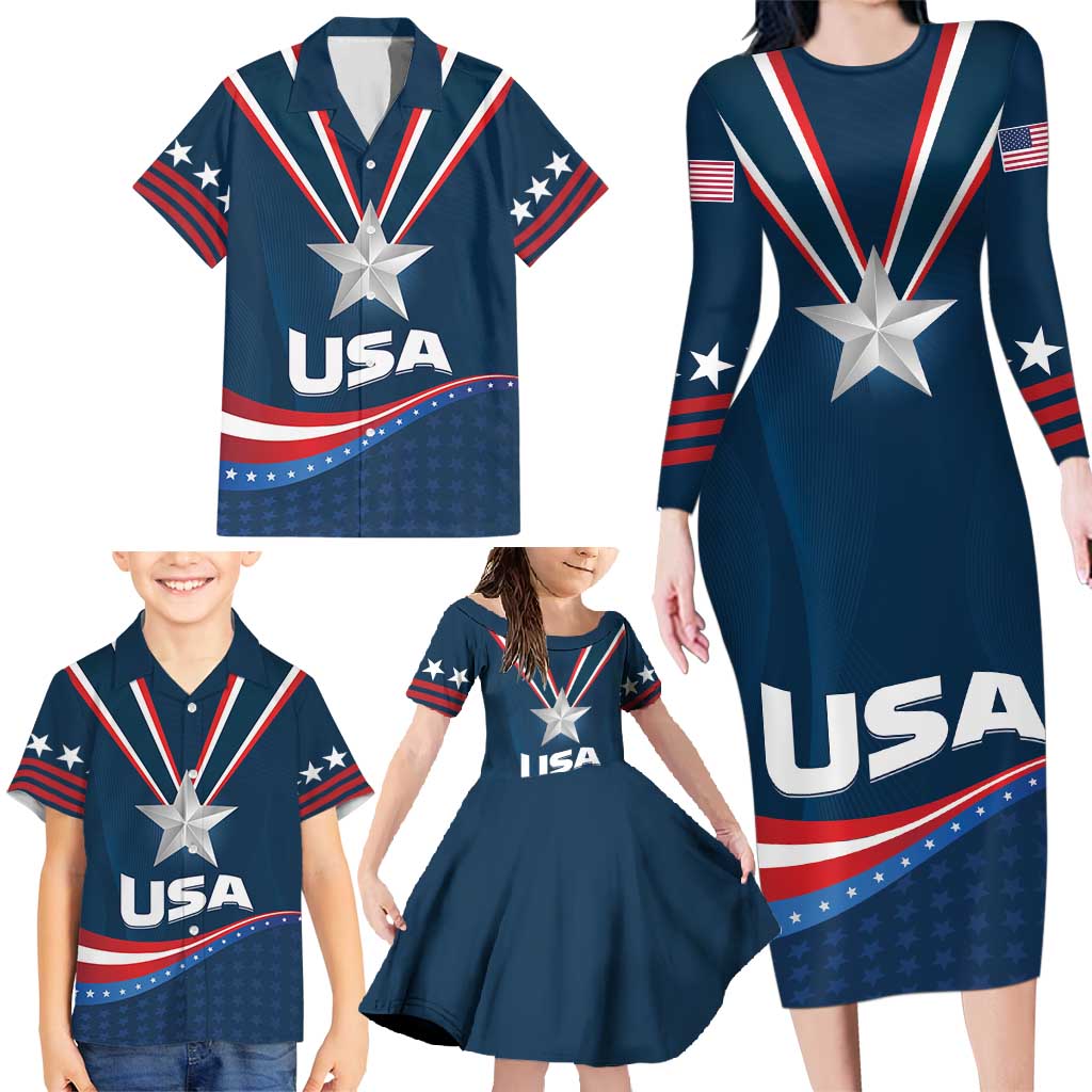 Custom USA Star Medal Family Matching Long Sleeve Bodycon Dress and Hawaiian Shirt United States of America Champion - Wonder Print Shop