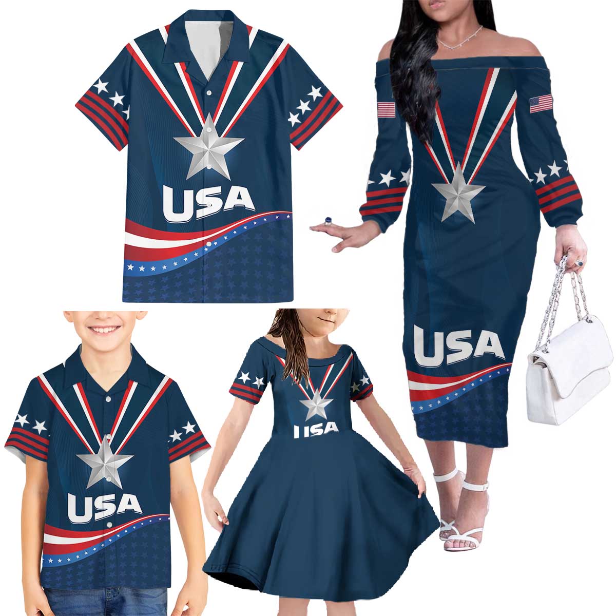Custom USA Star Medal Family Matching Off The Shoulder Long Sleeve Dress and Hawaiian Shirt United States of America Champion - Wonder Print Shop