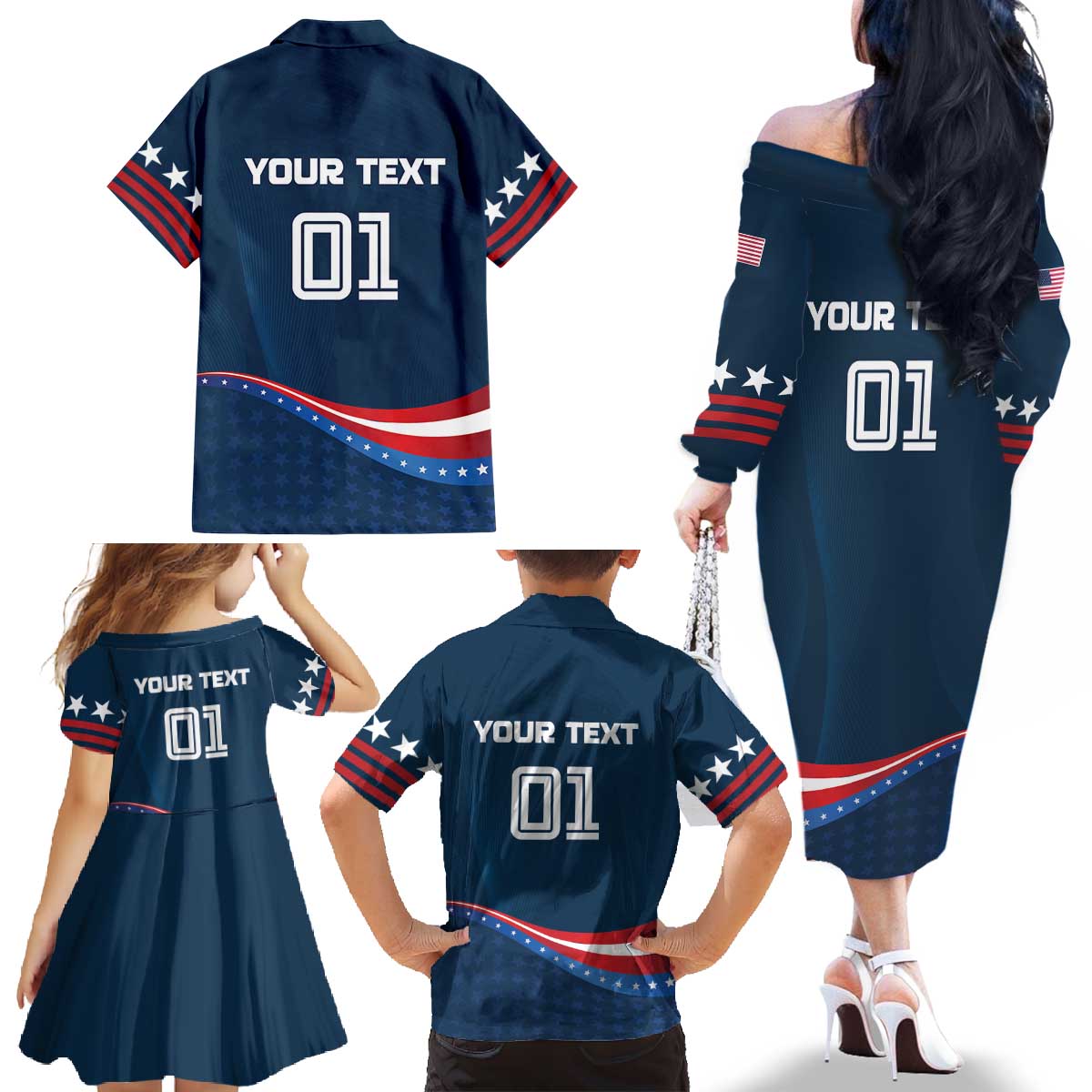 Custom USA Star Medal Family Matching Off The Shoulder Long Sleeve Dress and Hawaiian Shirt United States of America Champion - Wonder Print Shop
