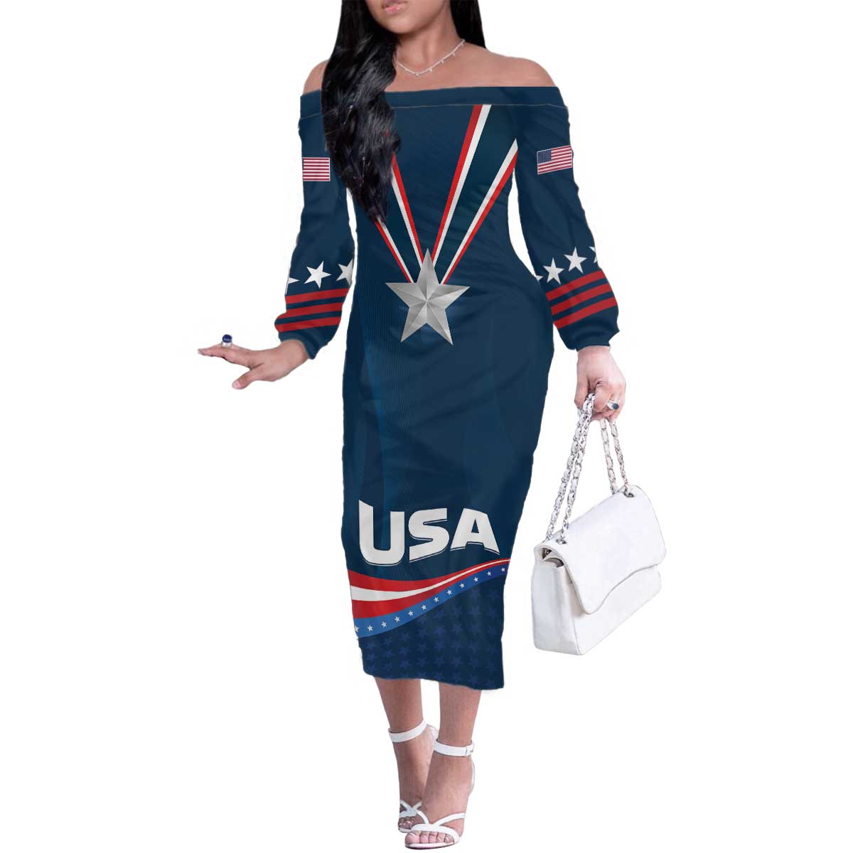 Custom USA Star Medal Family Matching Off The Shoulder Long Sleeve Dress and Hawaiian Shirt United States of America Champion - Wonder Print Shop