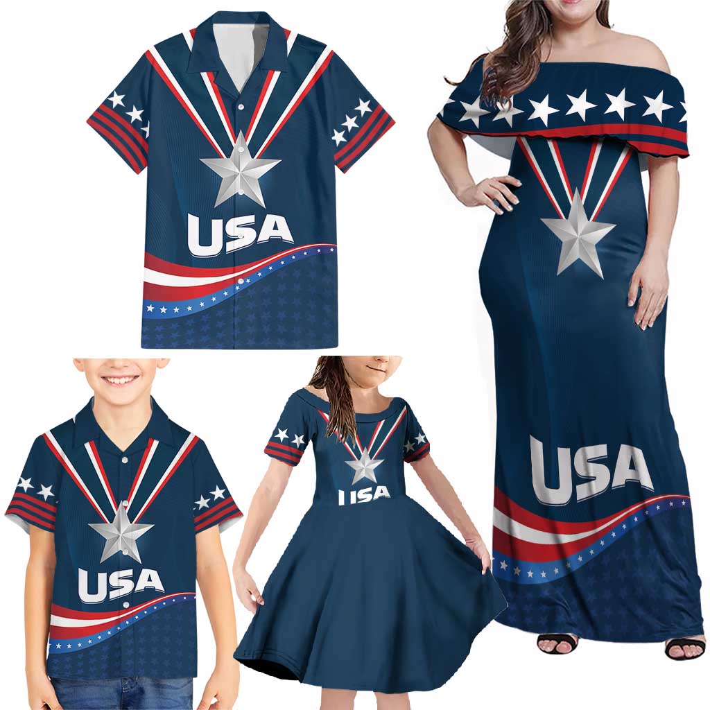 Custom USA Star Medal Family Matching Off Shoulder Maxi Dress and Hawaiian Shirt United States of America Champion - Wonder Print Shop