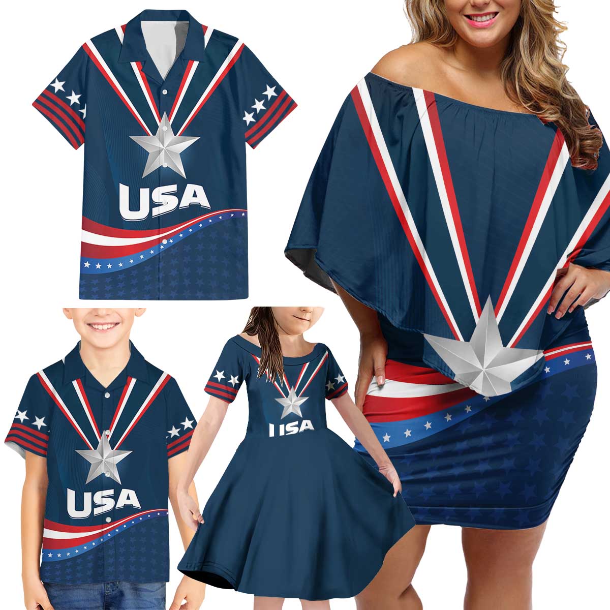 Custom USA Star Medal Family Matching Off Shoulder Short Dress and Hawaiian Shirt United States of America Champion - Wonder Print Shop