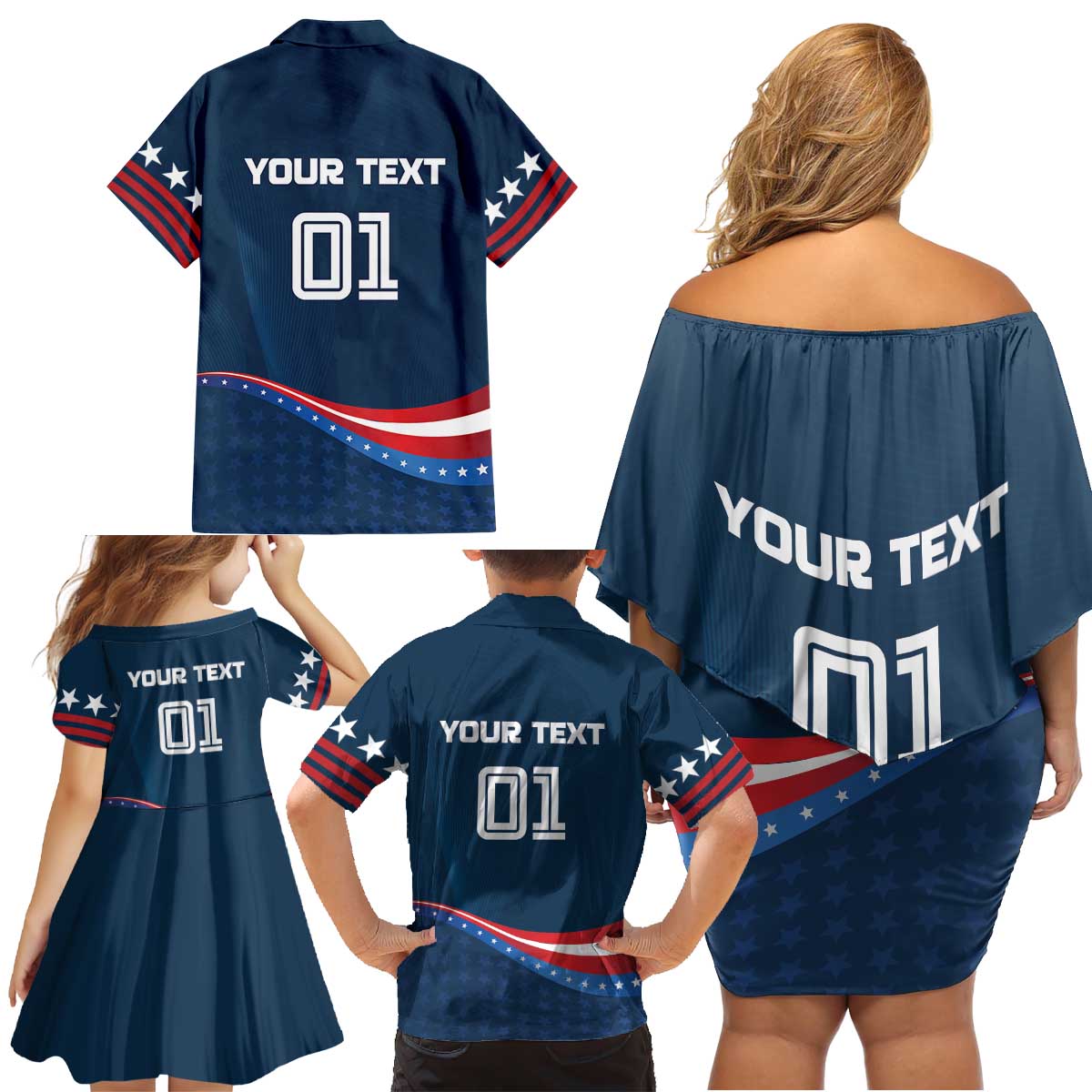 Custom USA Star Medal Family Matching Off Shoulder Short Dress and Hawaiian Shirt United States of America Champion - Wonder Print Shop