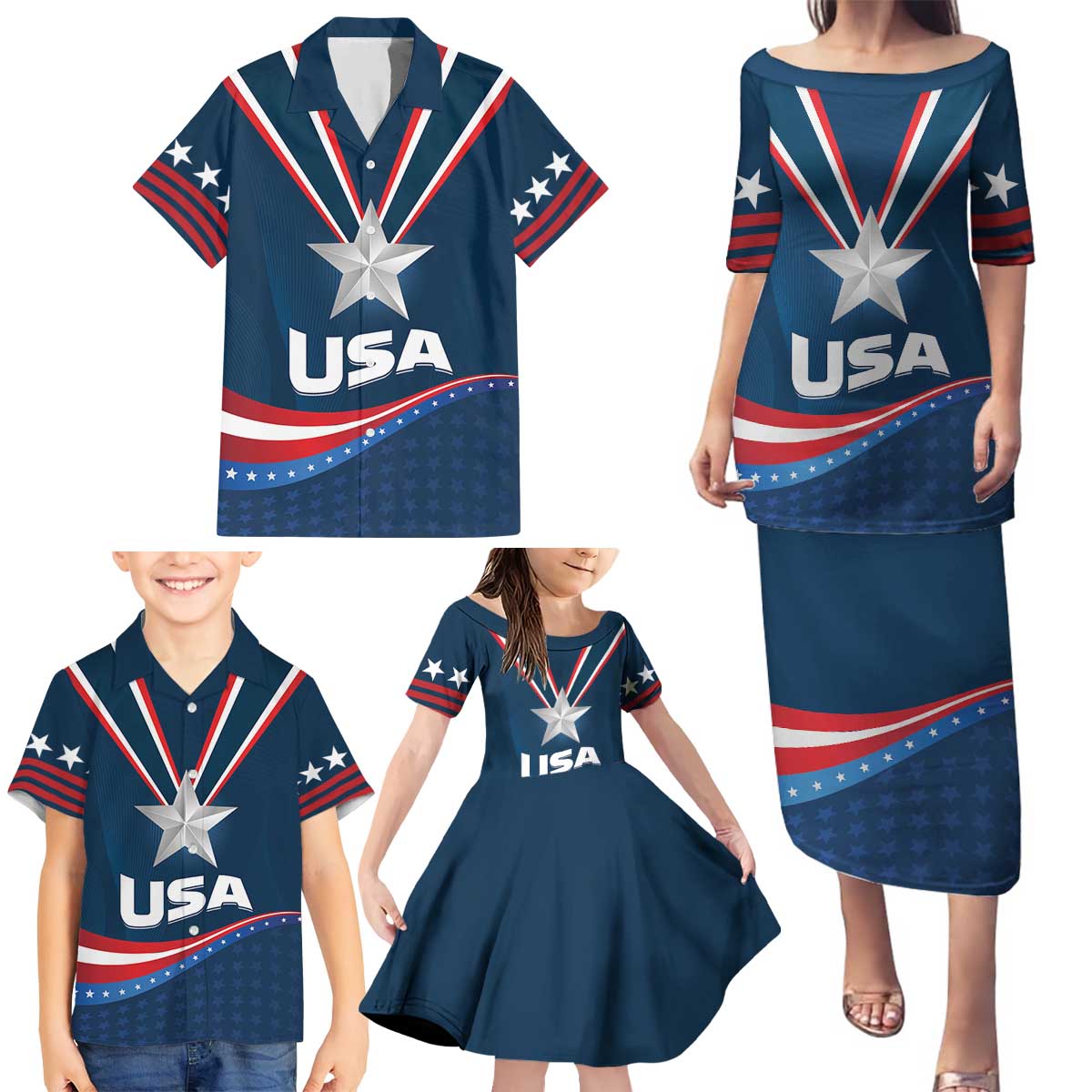 Custom USA Star Medal Family Matching Puletasi and Hawaiian Shirt United States of America Champion - Wonder Print Shop