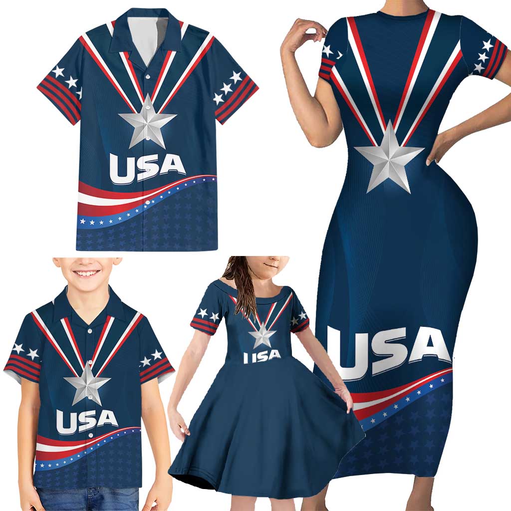 Custom USA Star Medal Family Matching Short Sleeve Bodycon Dress and Hawaiian Shirt Team USA Champion - Wonder Print Shop