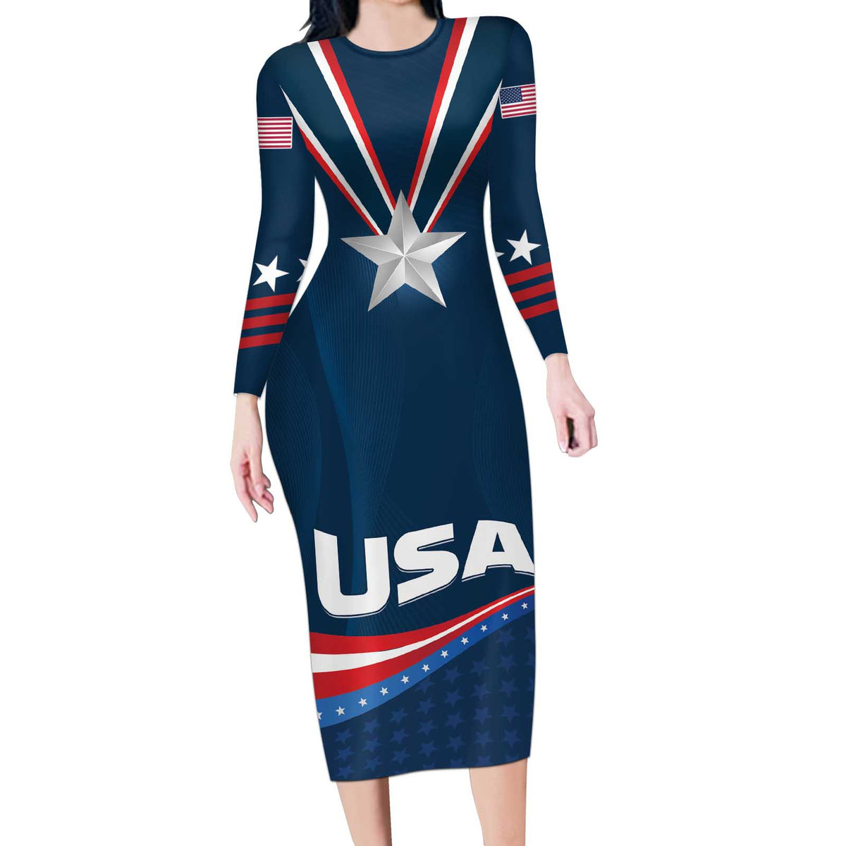 Custom USA Star Medal Long Sleeve Bodycon Dress United States of America Champion - Wonder Print Shop