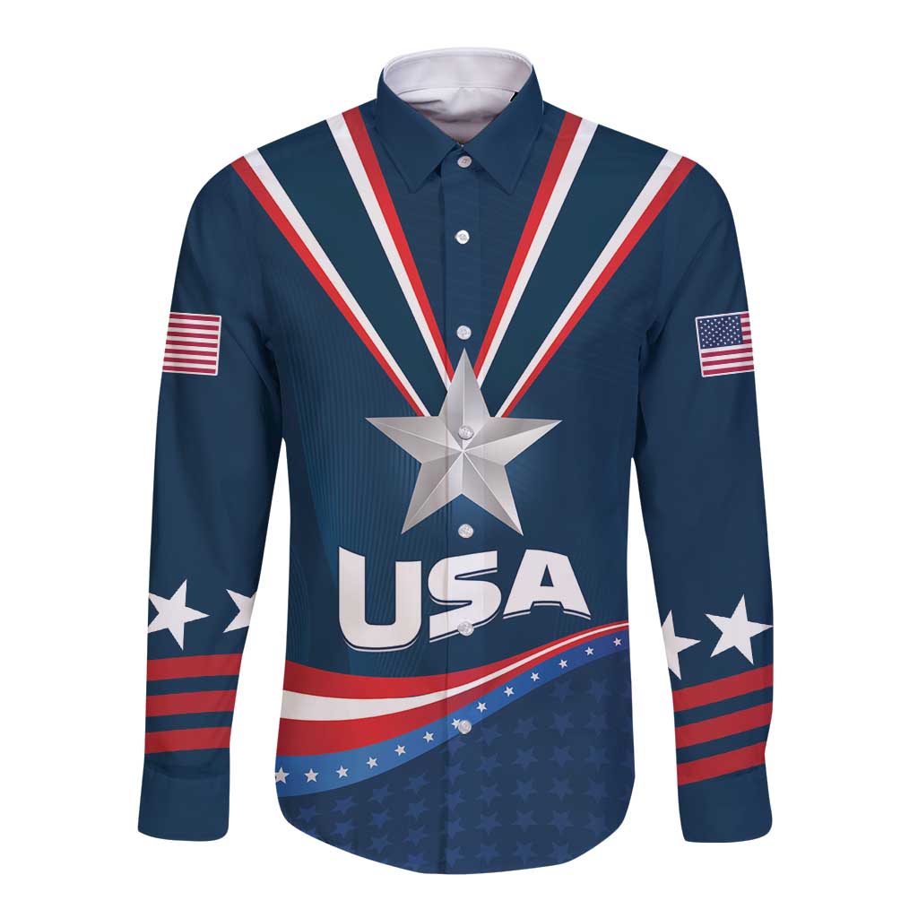 Custom USA Star Medal Long Sleeve Button Shirt United States of America Champion - Wonder Print Shop