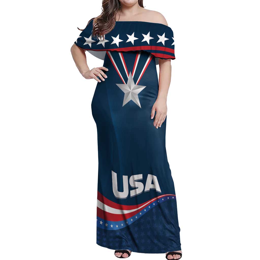 Custom USA Star Medal Off Shoulder Maxi Dress United States of America Champion - Wonder Print Shop