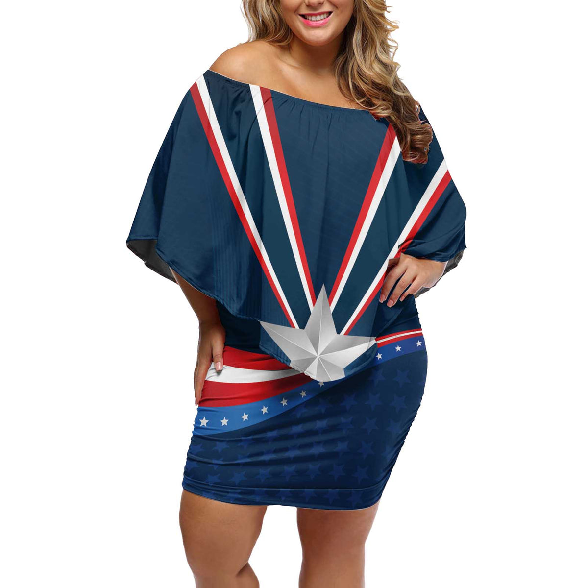 Custom USA Star Medal Off Shoulder Short Dress United States of America Champion - Wonder Print Shop