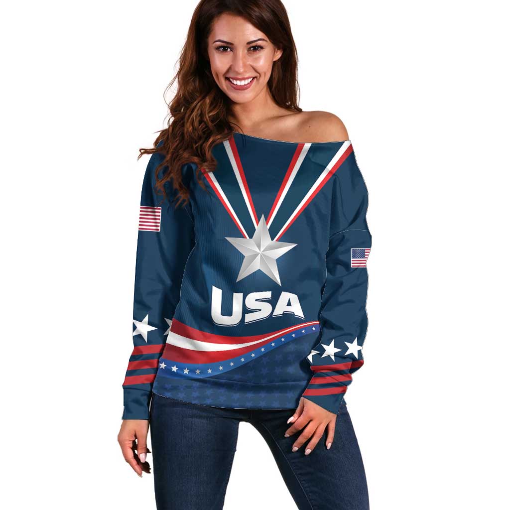 Custom USA Star Medal Off Shoulder Sweater United States of America Champion - Wonder Print Shop